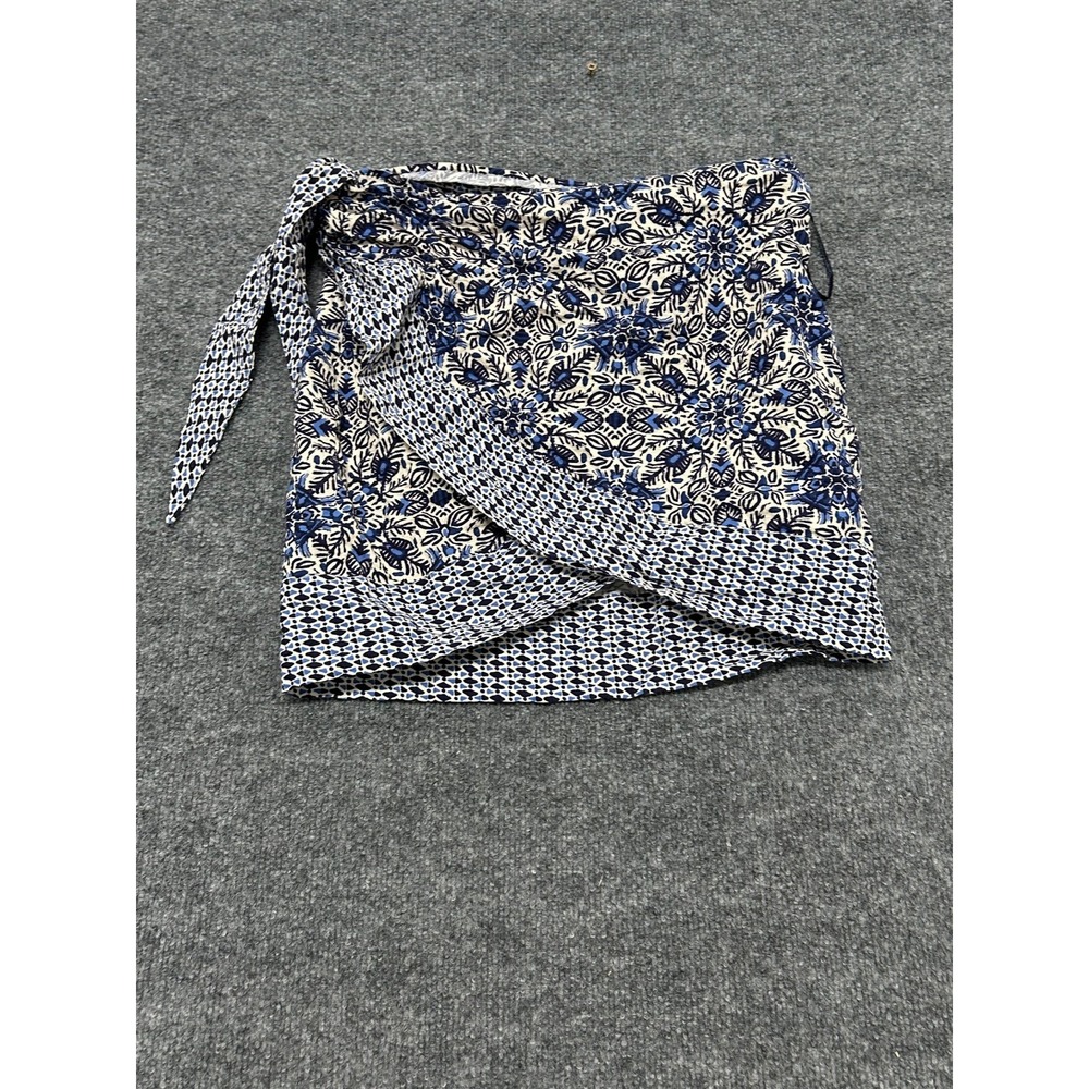 Zara Skirt Womens Size M Blue White Floral Geometric Wrap Mini Side Tie Cotton